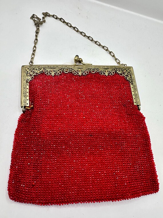 Art Deco Red Glass Beaded Purse with Ornate Metal… - image 2