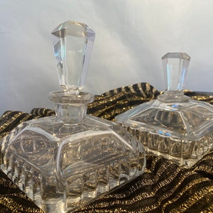 Pretty Glass Dresser Vanity Set of Perfume Bottle and Powder Holder