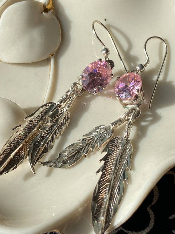 Vintage Sterling Silver Feather and Pink Crystal … - image 4