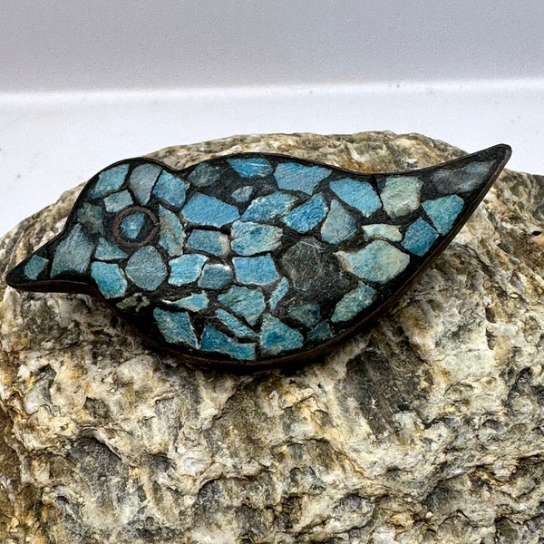 Vintage Turquoise Mosaic Stone Bird Brooch  Brass C Clasp Pin Handmade in India