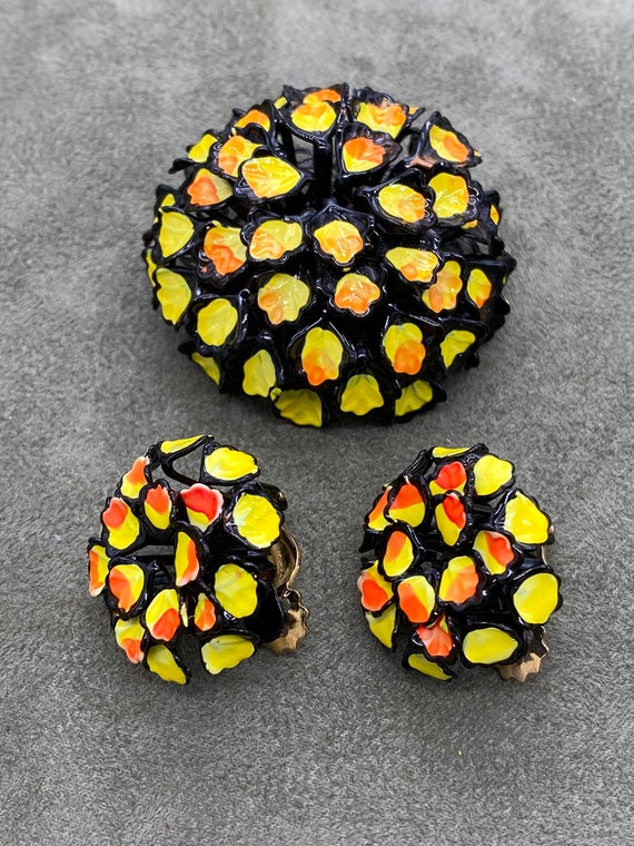 Mod Black Yellow and Orange Enamel Metal 3-D FLOWE