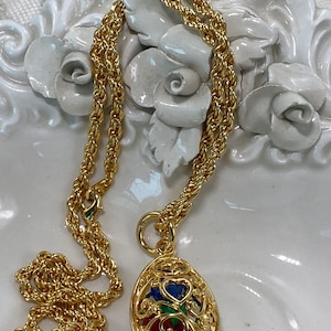 Vintage Joan Rivers Gold Caged Egg with Rhinestones Pendant 14 kt GF Necklace