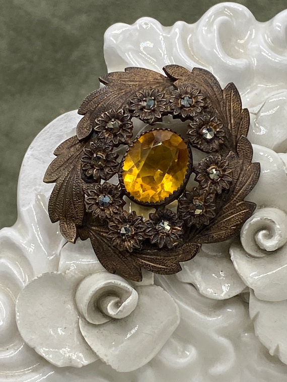 Nice Antique Bronze Topaz and Marcasite Brooch