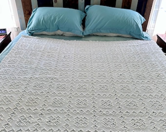 Antique Hand Crocheted Cotton with Popcorn Stitch Bedspread Coverlet; 72 in x 68 in