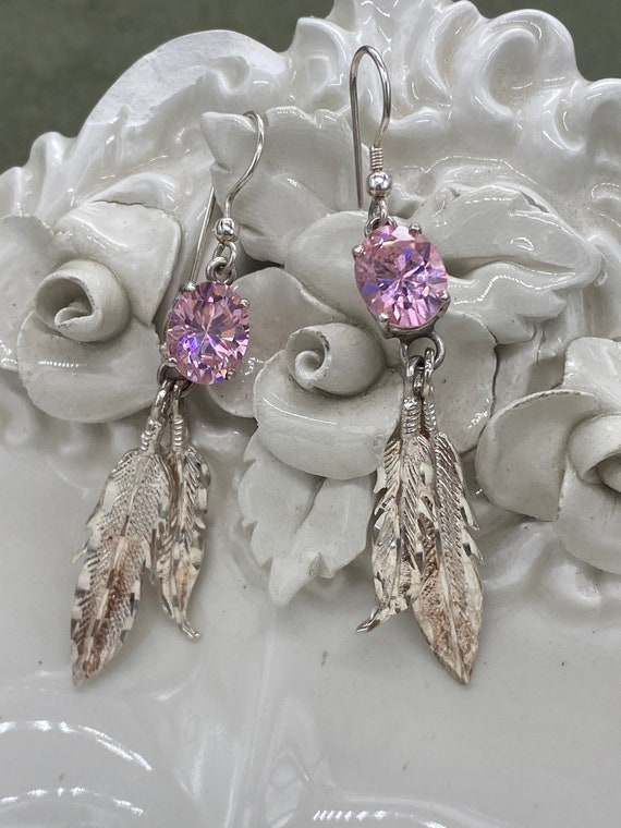 Vintage Sterling Silver Feather and Pink Crystal … - image 1