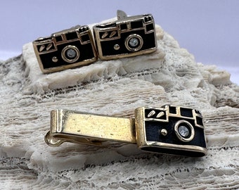 Camera Cuff Links and Camera Tie Bar Set