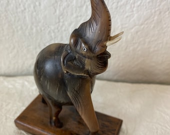 Antique Wonderful Bone Carved Small Elephant with Trunk Up and Tusks