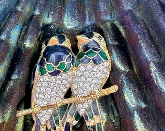 D&#39;Orlan Signed Bird brooch.Handset Swarovski crystals, Hand painted Blue and Green enamel. Triple 22kt gold plated. RARE