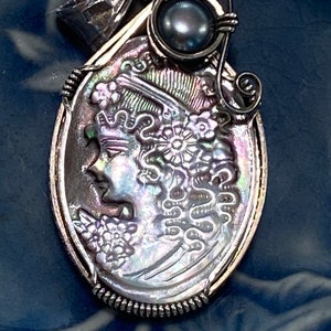 Artisan Sterling Silver ,Mother-of-Pearl , and Black Pearl Lady Portrait Pendant