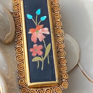 Antique Victorian Pietra Dura and Gold Filled Brooch, Faux Cantenille Work, Italy and Germany 1870s Inlay Flowers in Onyx
