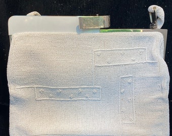 Rare White Micro Beaded Top Handle Handbag with Usual Clasp -Walberg Hand Beaded Belgium