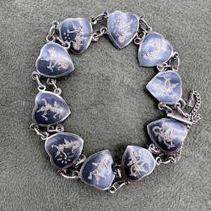 Vintage Siam Sterling Silver Niello Ware Bracelet Depicting Siamese Dancer. Hallmarked Made in Siam Sterling