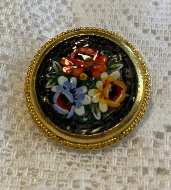 Round Floral Micro Mosaic Brooch made in Italy