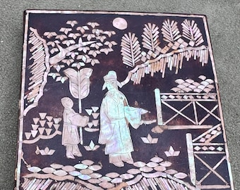 Vintage Lacquer Mother of Pearl Inlay Black Box Keepsake Trinket