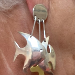 Mexican Sterling Silver Cool Fish & Brass Seaweed Dangling Pierced Earrings