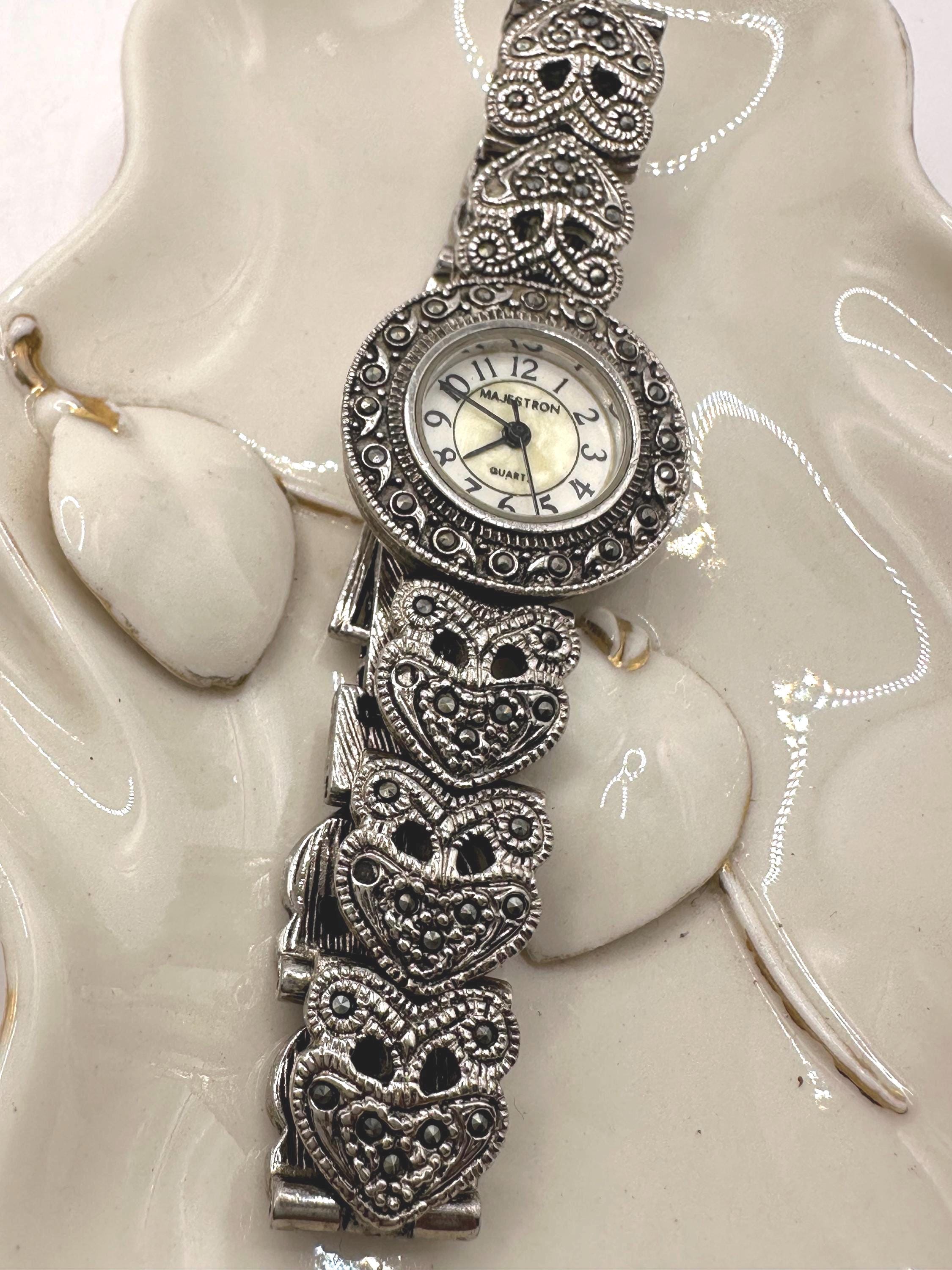 Gorgeous Art Deco Floral Marcasite Bracelet Wristwatch Japan Quartz New Battery Vintage Marcasite Sterling Silver Watch, Elegant Floral Link  main image 2