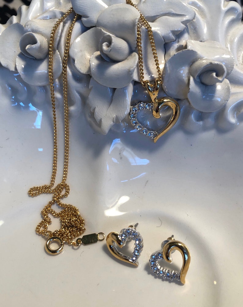 Gold Tone Heart with Rhinestones Necklace and Matching Pierced Earrings