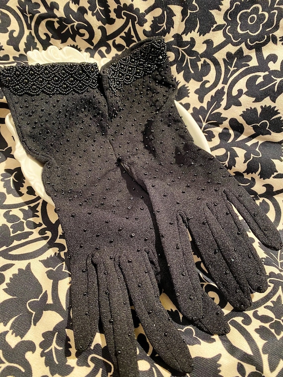 Lovely Black Beaded Stretch Evening Gloves