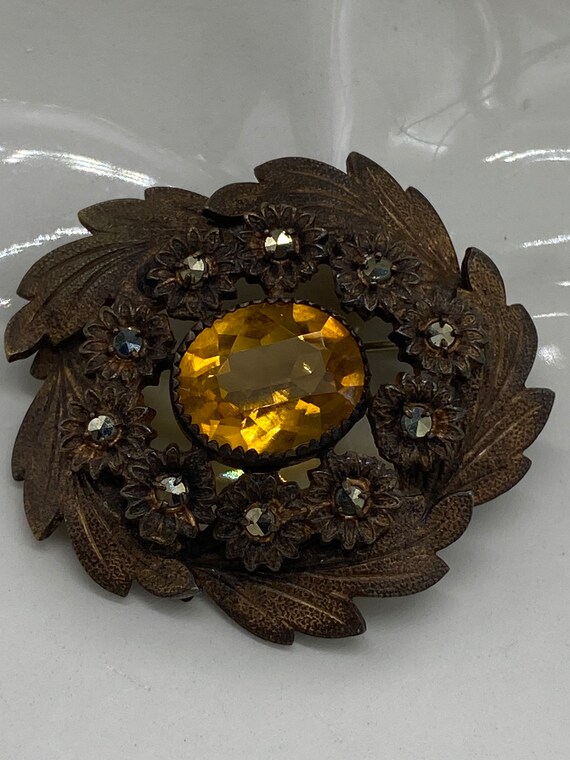 Nice Antique Bronze Topaz and Marcasite Brooch - image 3