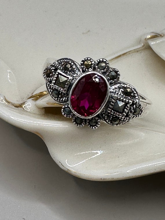 Sterling Silver Art Deco Synthetic Ruby and Marca… - image 2
