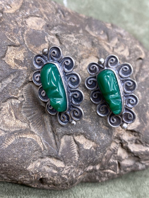 Unique Design ART DECO Carved JADE Vintage Earrin… - image 1