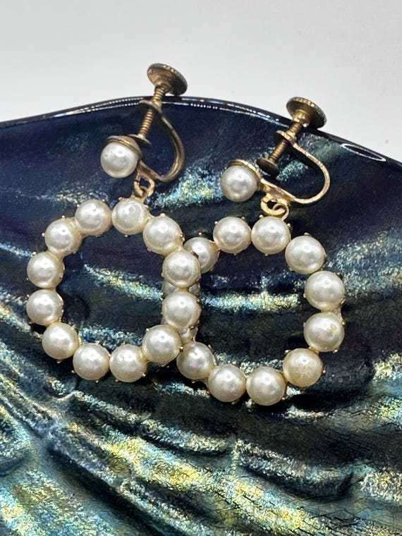 Pretty Vintage Pearl Dangle Screwback Earrings View 2