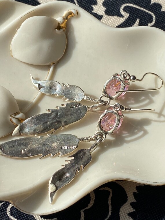 Vintage Sterling Silver Feather and Pink Crystal … - image 5