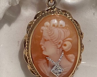 14 KT Gold Filled Cameo with a Diamond Chip Necklace