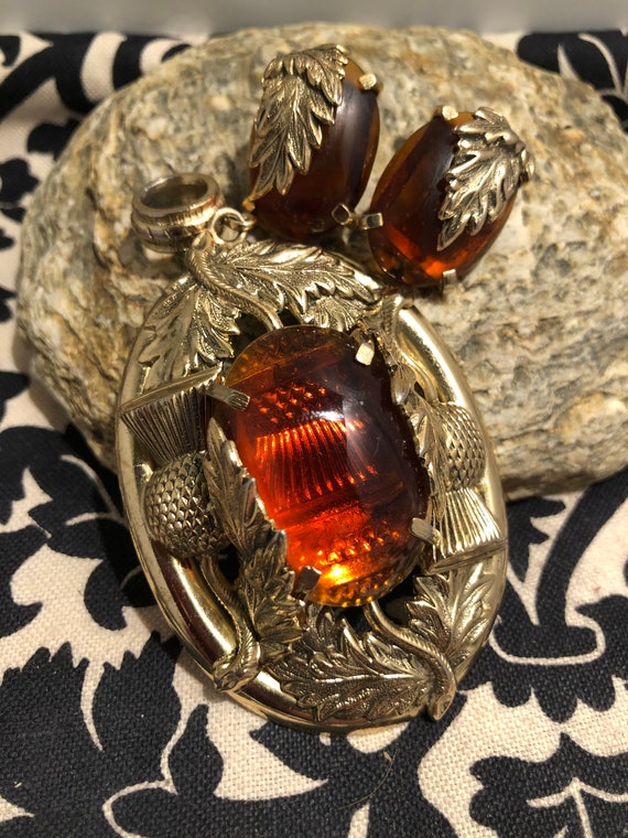 Thistle and Amber Cabochon Pendant and Clip Earrin