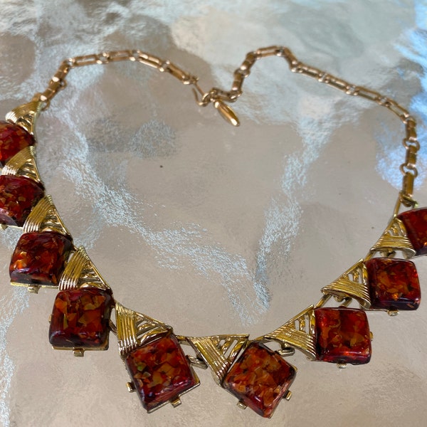 Coro Thermoset Red & Gold Confetti Gold Tone Adjustable Necklace 1950s