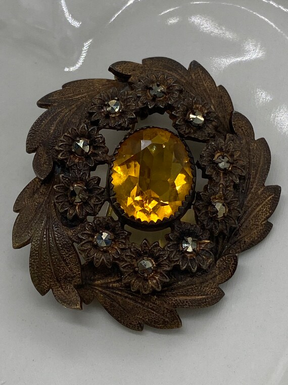Nice Antique Bronze Topaz and Marcasite Brooch - image 2