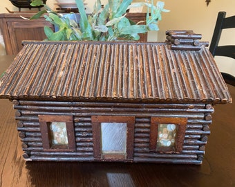 Folk Art Primitive Rare Antique Log Cabin from the 1920’s 12 1/2 inches x 8 1/2 inches x 8 inches.