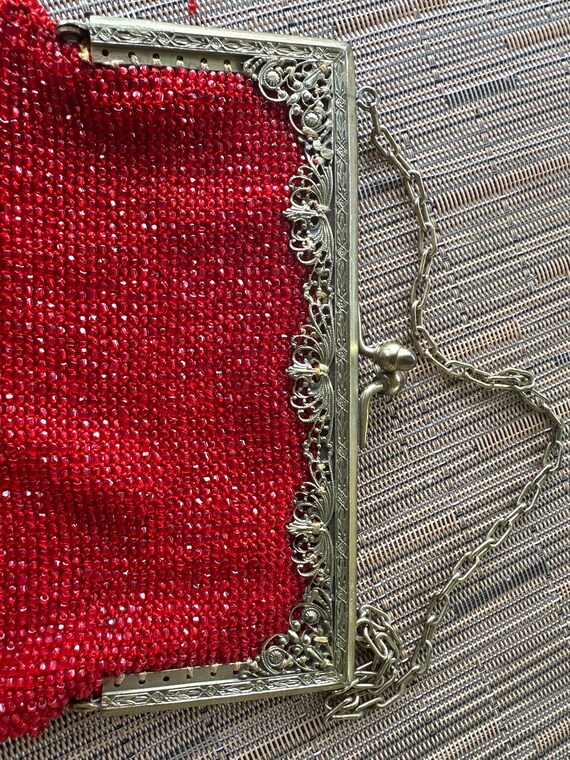 Art Deco Red Glass Beaded Purse with Ornate Metal… - image 4