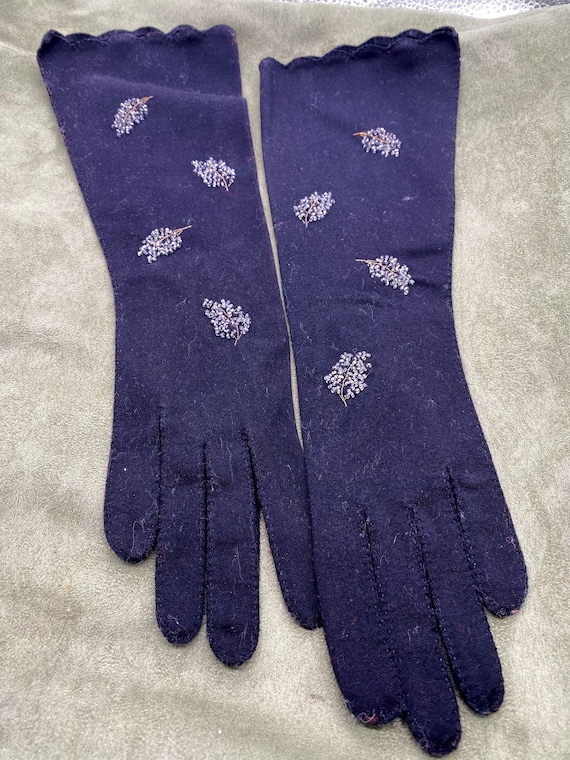 Pretty Hand Stitched Long Black Nylon Gloves with 