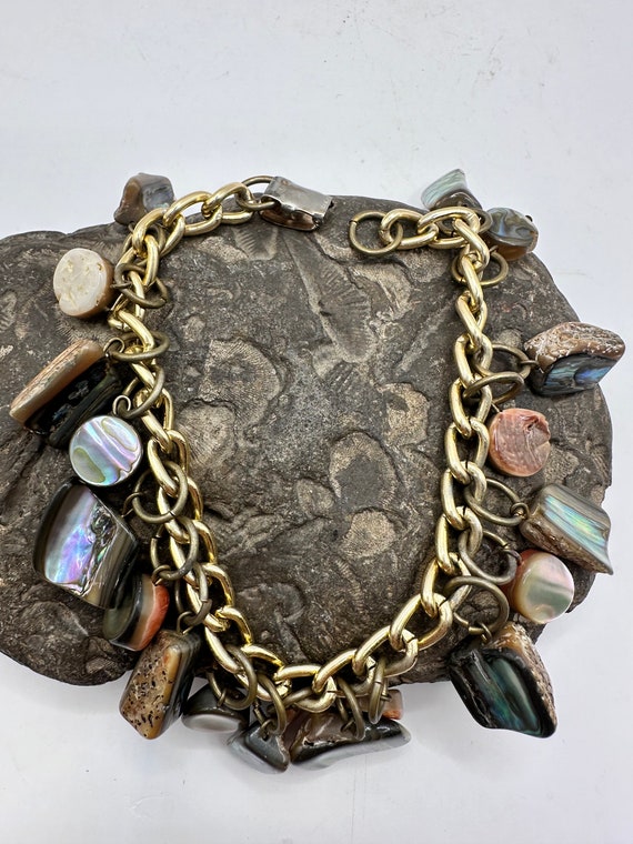 Mid Century Chunky 21 Abalone Charm Bracelet, 60s 