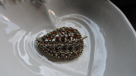 Amber Rhinestone Brooch, Leaf Shaped - image 1