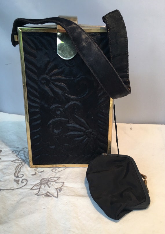 Tyrolean Art Deco Black Satin Quilted Purse