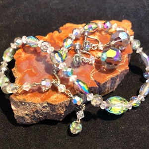 Beautiful Aurora Borealis Choker and Matching Dangle Clip Earrings