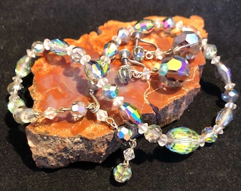Vintage Aurora Borealis Crystal Choker with Dangle Clip Earrings