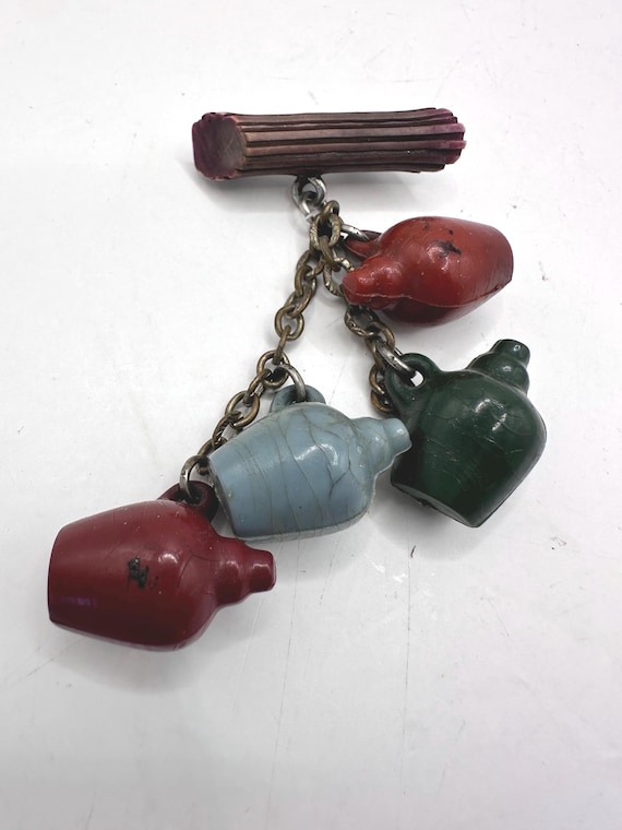 Vintage Dangly Water Jugs Brooch Bakelite Era Plastic Celluloid Lucite