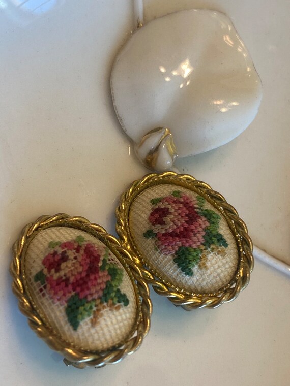 Rose Petit Point Gold Tone clip Earrings - image 2