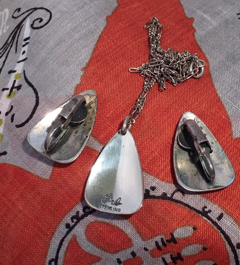 Mid Century Modernist Signed Orb Pendant Necklace and Matching Clip Earrings