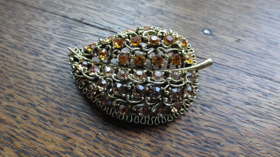 Amber Rhinestone Brooch, Leaf Shaped - image 2