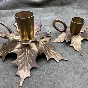 Two Beautiful Brass Holly 4 in and 5 in Candlesticks