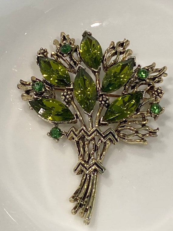 Pretty Green Rhinestone Bouquet  Brooch