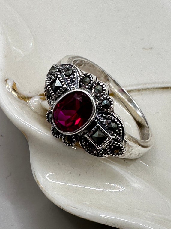 Sterling Silver Art Deco Synthetic Ruby and Marca… - image 1