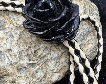 Black and White Braided  Leather Bolo with  Black Rose