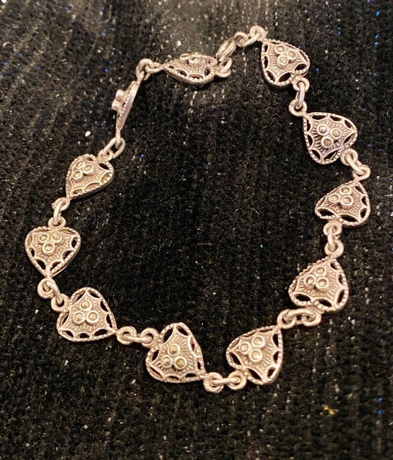 Sterling Silver and Marcasite Link Heart Bracelet