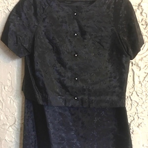 Vintage 2 Piece Black Hand Sewn Embroided Satin Jacket and Matching Skirt.