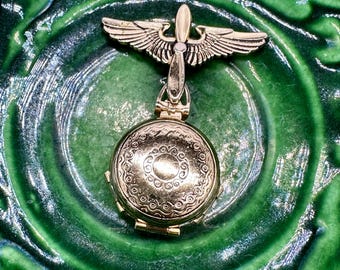 Könnte beinhalten: Ein goldfarbenes Medaillon mit einem Flugzeugpropeller- und Flügeldesign, vor einem strukturierten, grünen Hintergrund. Das Medaillon ist rund mit einem verzierten, gravierten Muster auf der Vorderseite.